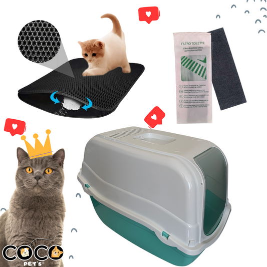 KIT 1 BAÑO SANITARIO CUBIERTO ROMEO PARA GATOS + 1 ALFOMBRA ATRAPA ARENA + 1 FILTRO