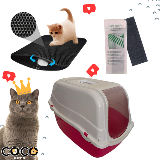 KIT 1 BAÑO SANITARIO CUBIERTO ROMEO PARA GATOS + 1 ALFOMBRA ATRAPA ARENA + 1 FILTRO