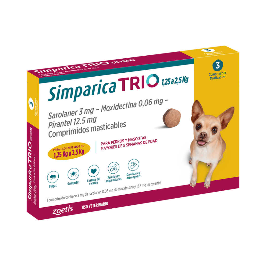 ZOETIS - SIMPARICA TRIO -  1,3 KG A 2,5 KG - 3 TABLETAS