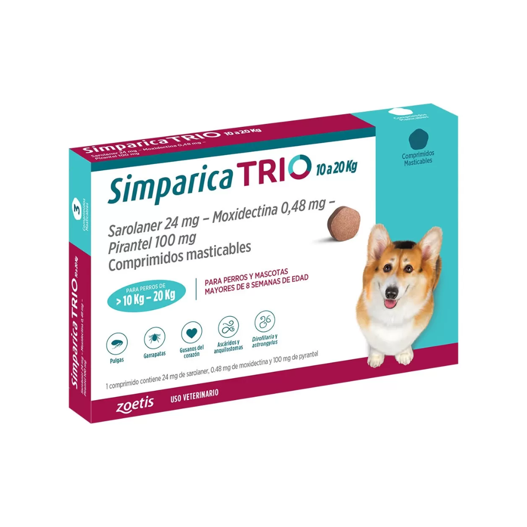 ZOETIS - SIMPARICA TRIO -  10 KG A 20 KG - 3 TABLETAS